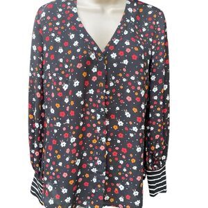 CAbi Floral Blouse - Black Red White Accents black bottom down long sleeve